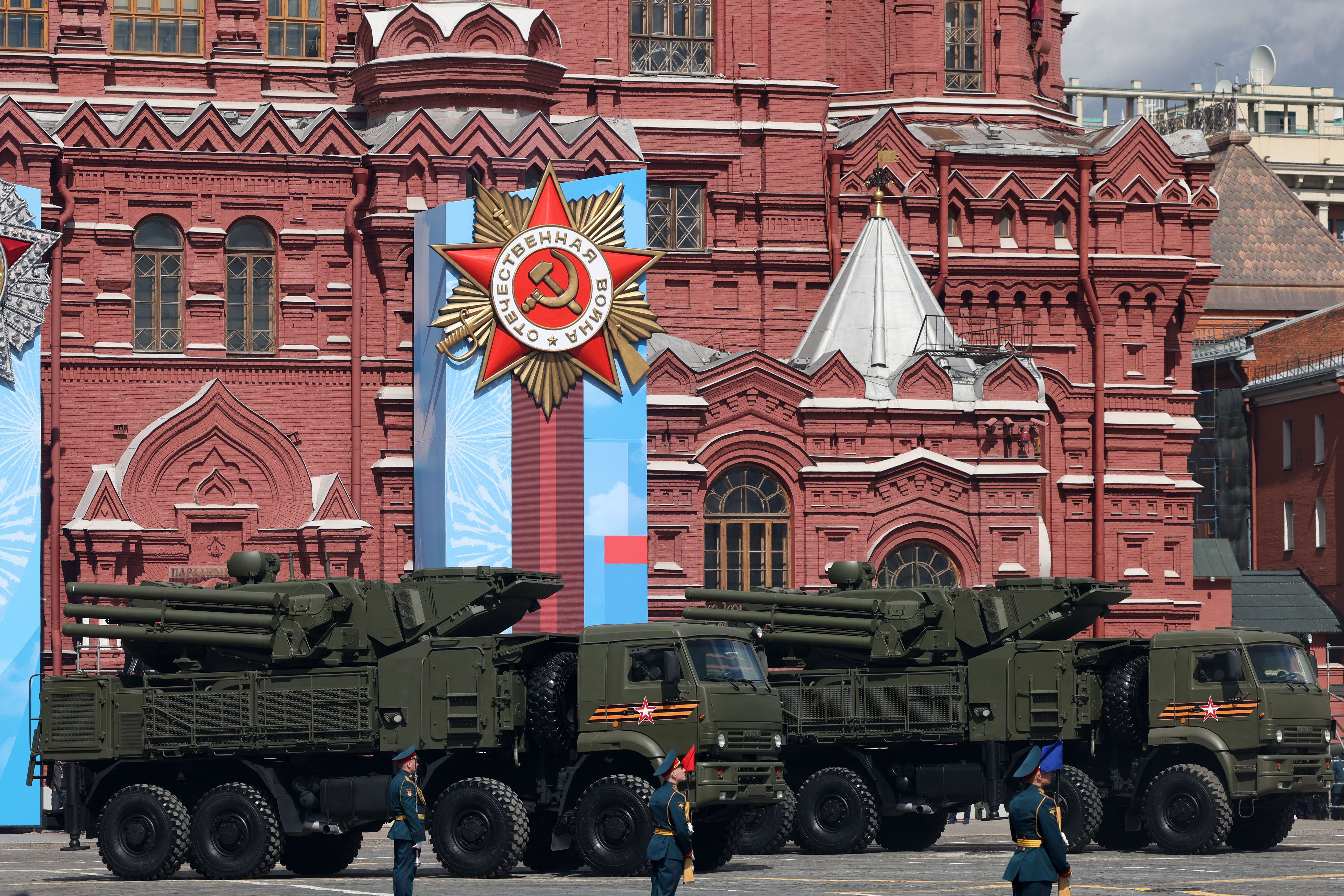 Pantsir-S surface-to-air missile and anti-aircraft artillery systems move through Red Square in Moscow on May 7, 2021, during a rehearsal for the Victory Day military parade. - Russia will celebrate the 76th anniversary of the victory over Nazi Germany during World War II on May 9. (Photo by Dimitar DILKOFF / AFP) (Photo by DIMITAR DILKOFF/AFP via Getty Images)