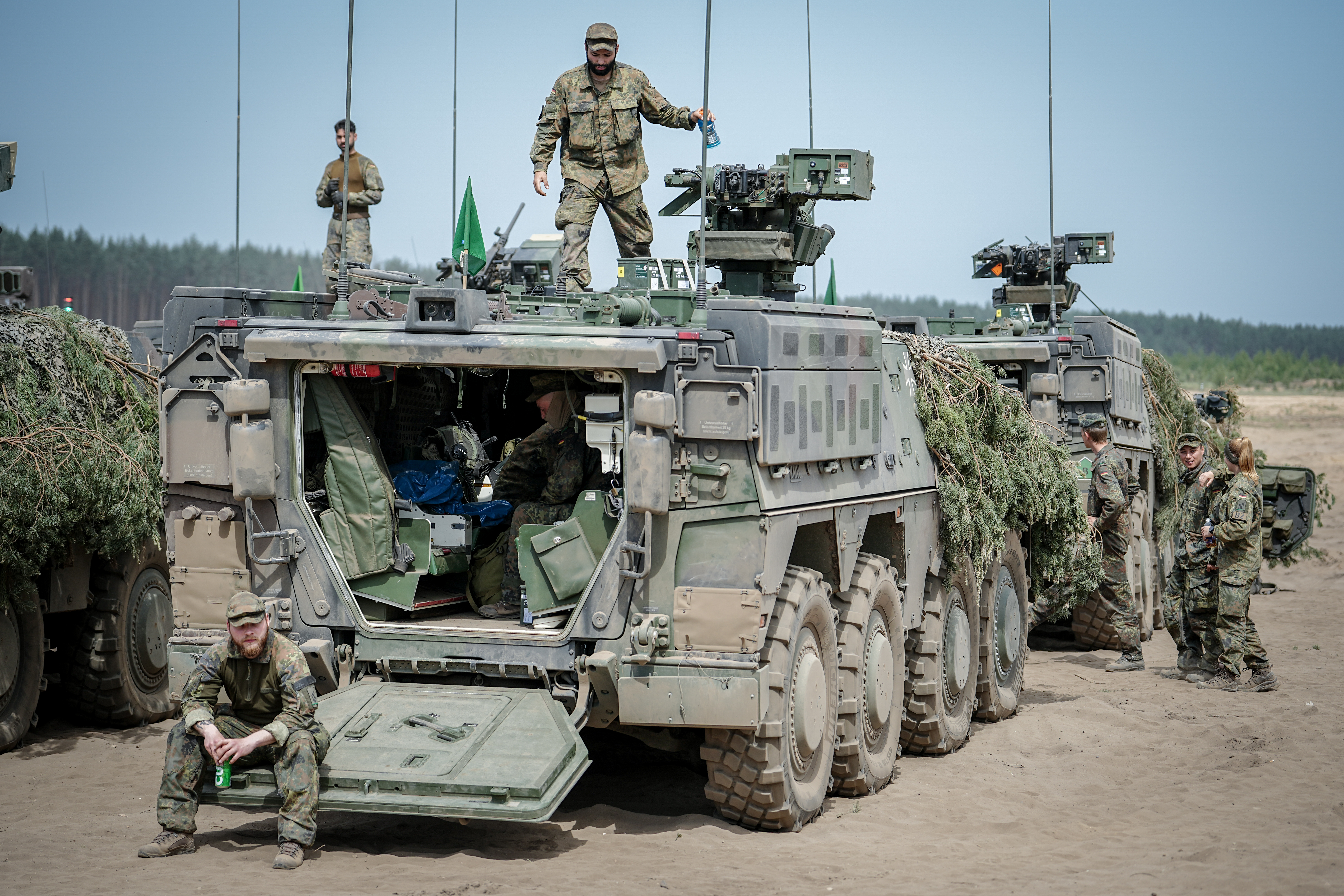 29 May 2024, Lithuania, Pabrade: Bundeswehr soldiers take part in the final NATO exercise Quadriga 2024 with the Boxer wheeled tank. At the Paprade military training area, the Bundeswehr demonstrates the capabilities required to defend NATO's eastern flank. Quadriga is the German contribution to the large-scale NATO maneuver Steadfast Defender. Photo: Kay Nietfeld/dpa (Photo by Kay Nietfeld/picture alliance via Getty Images)