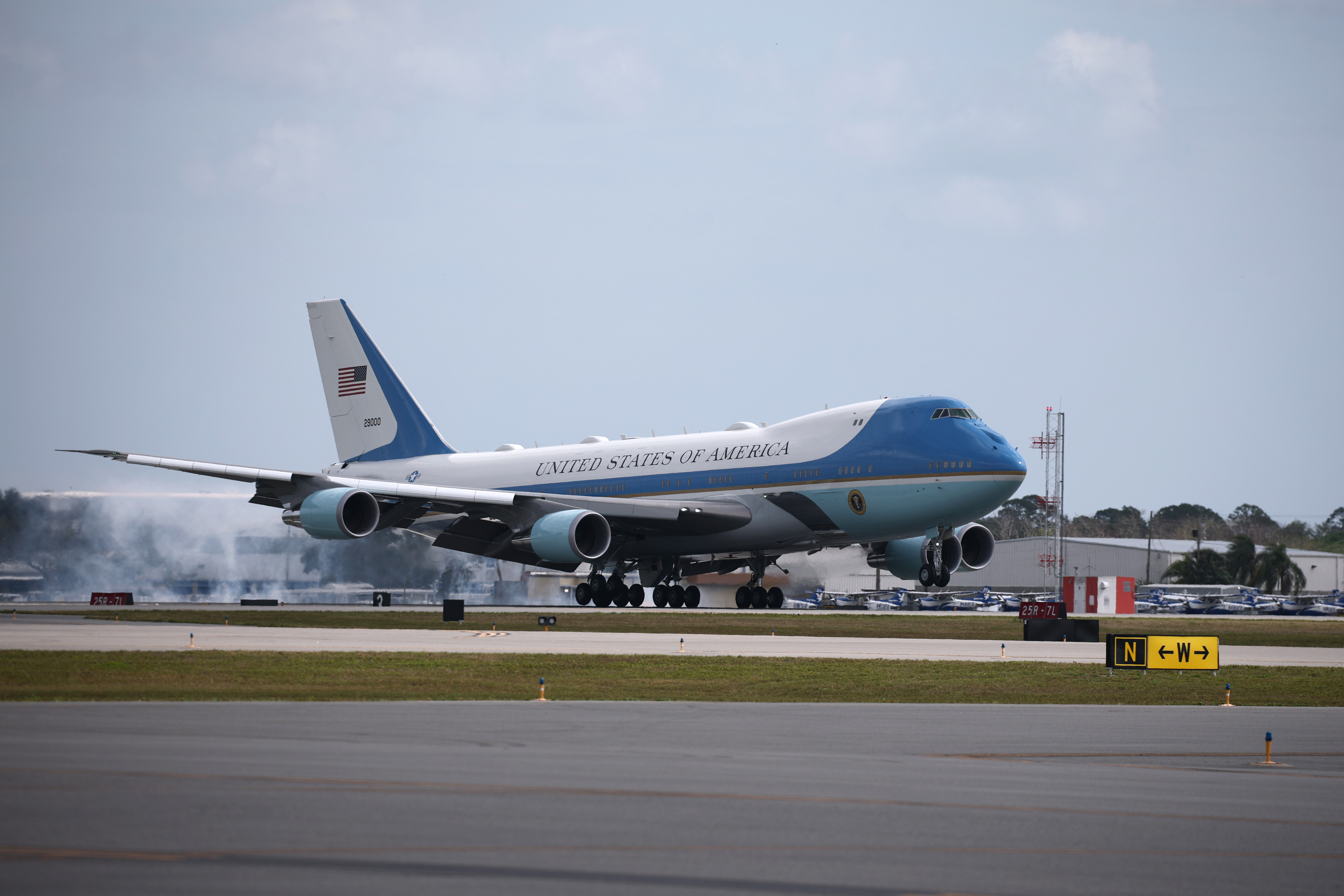  Air Force One is seen landing for U.S. President Donald Trump's visit to the NASCAR Cup Series Daytona 500 at Daytona International Speedway on February 16, 2025 in Daytona Beach, Florida. (Photo by Chris Graythen/Getty Images)