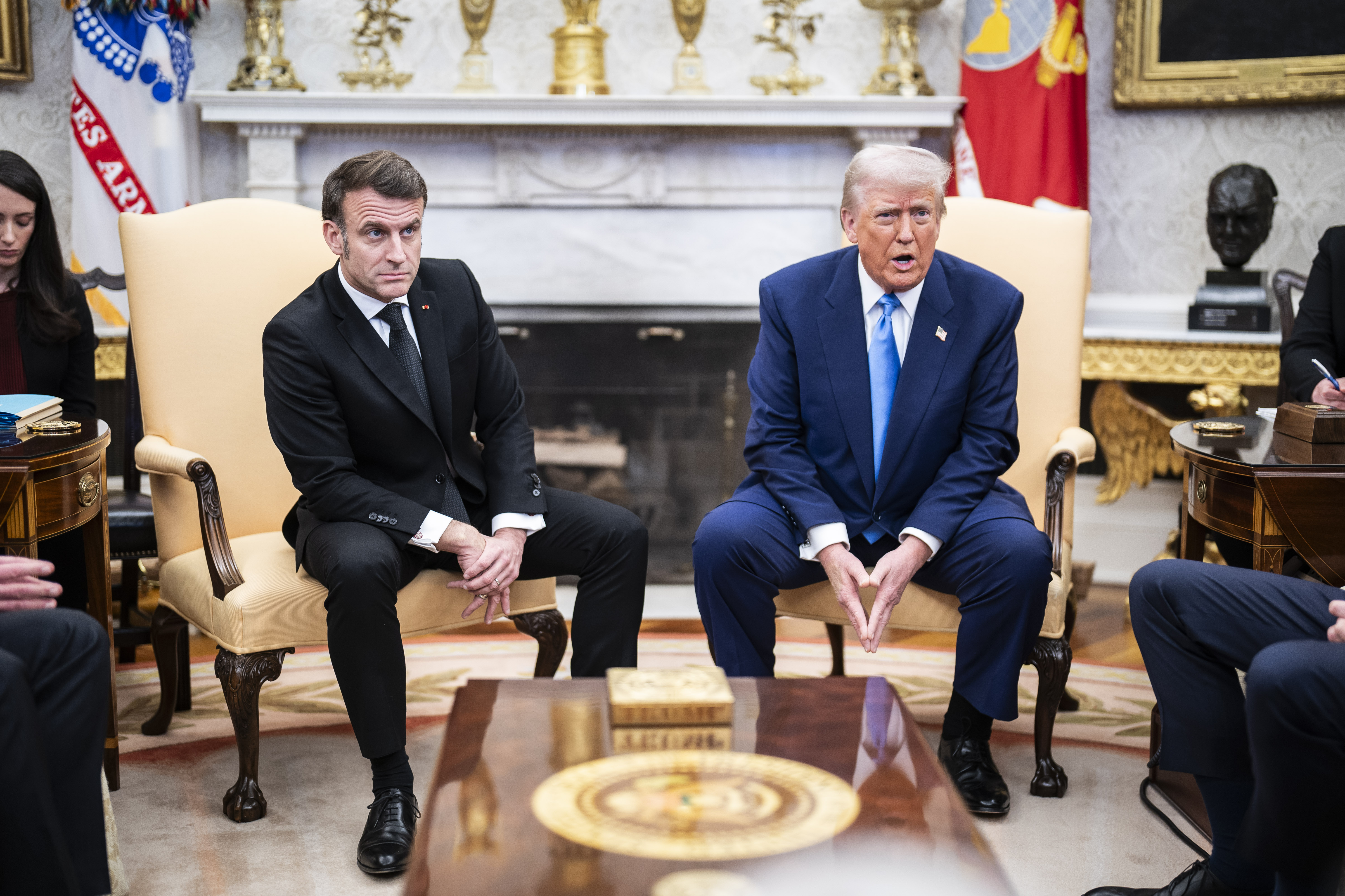 Washington, DC - February 24 : French President Emmanuel Macron meets with President Donald J Trump in the Oval Office at the White House on Monday, Feb 24, 2025 in Washington, DC. (Photo by Jabin Botsford/The Washington Post via Getty Images)