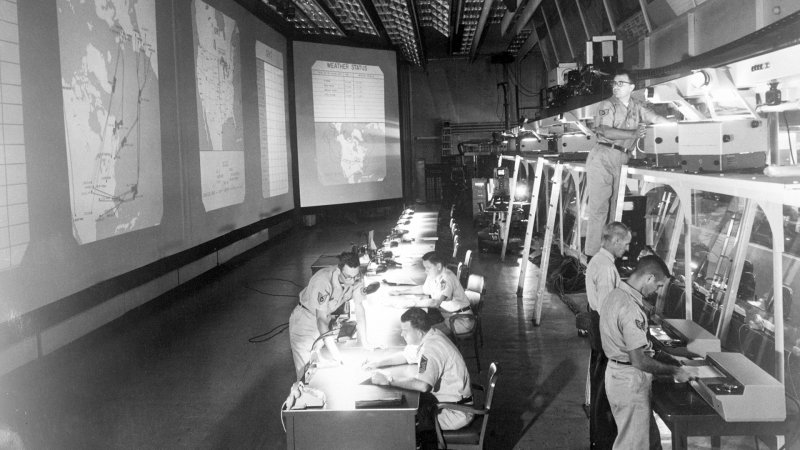 (Original Caption) 12/2/1962-Nebraska- New visiual display system designed to expediate command and control of Strategic Air Commands far flung retalitory forces in operation in the Commands' underground Control Center here.