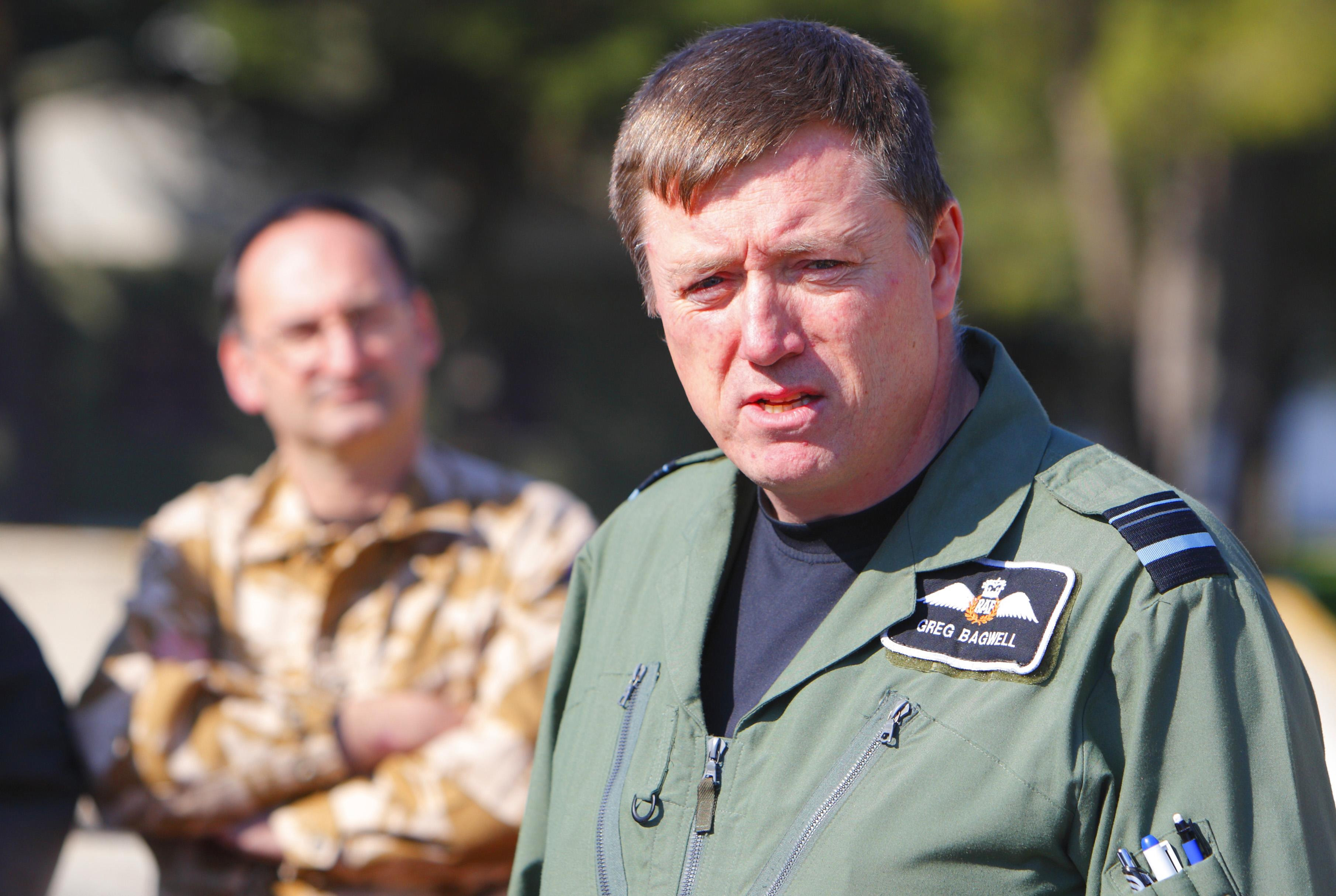 Air Vice Marshall Greg Bagwell speaking to the media at the Italian Airforce base of Gioia del Colle near Bari in southern Italy from where the RAF are patrolling the no-fly-zone over Libya. (Photo by Chris Ison/PA Images via Getty Images)