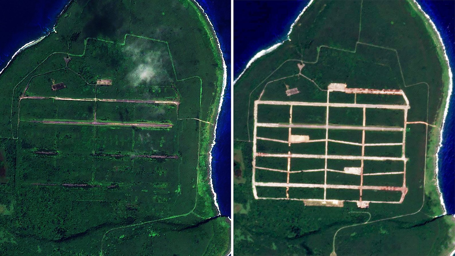 Satellite imagery shows the extent of the massive amount of work that has been done in the past year to restore more than 20 million square feet of runways and other World War II-era infrastructure at historic North Field on the U.S. island of Tinian in the Western Pacific.