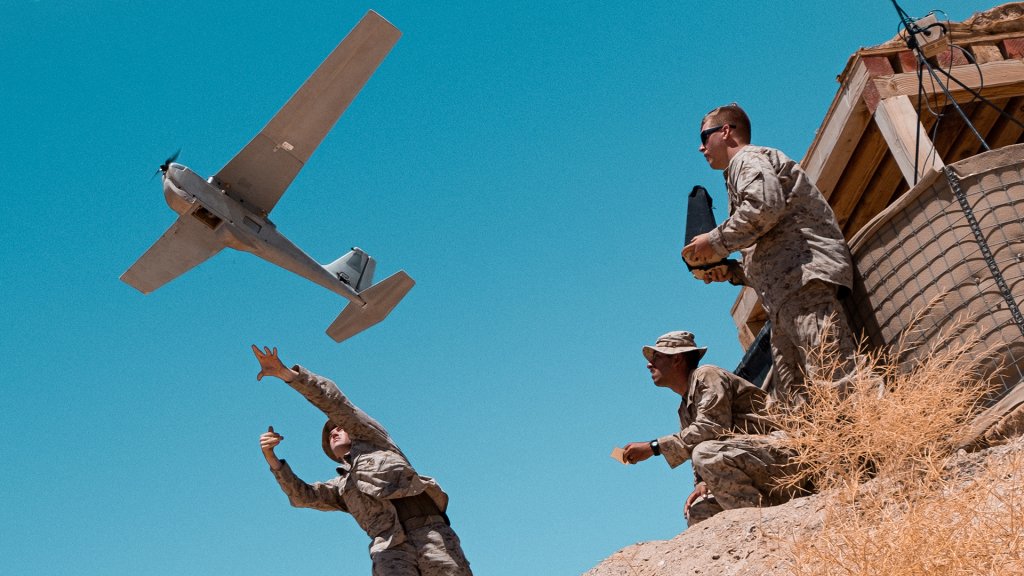 U.S. Marines with 3rd Battalion, 1st Marine Regiment, 1st Marine Division, launch a RQ-20 Puma during Integrated Training Exercise (ITX) 5-20 at Marine Corps Air Ground Combat Center (MCAGCC), Twentynine Palms, Calif., June 6, 2020. ITX is the most comprehensive training conducted at MCAGCC and focuses on the tactical application of combined-arms maneuver, offensive and defensive operations during combat. (U.S. Marine Corps photo by Lance Cpl. Shane T. Beaubien)