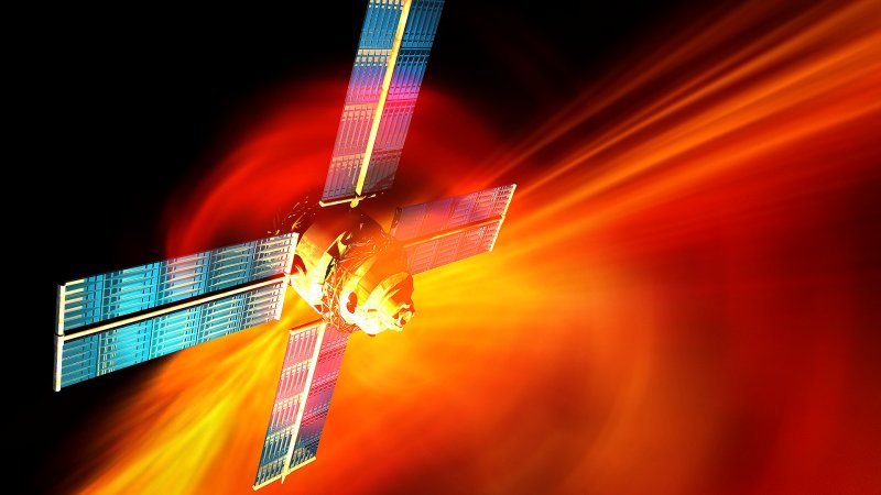 Solar flare hitting satellite, computer artwork.