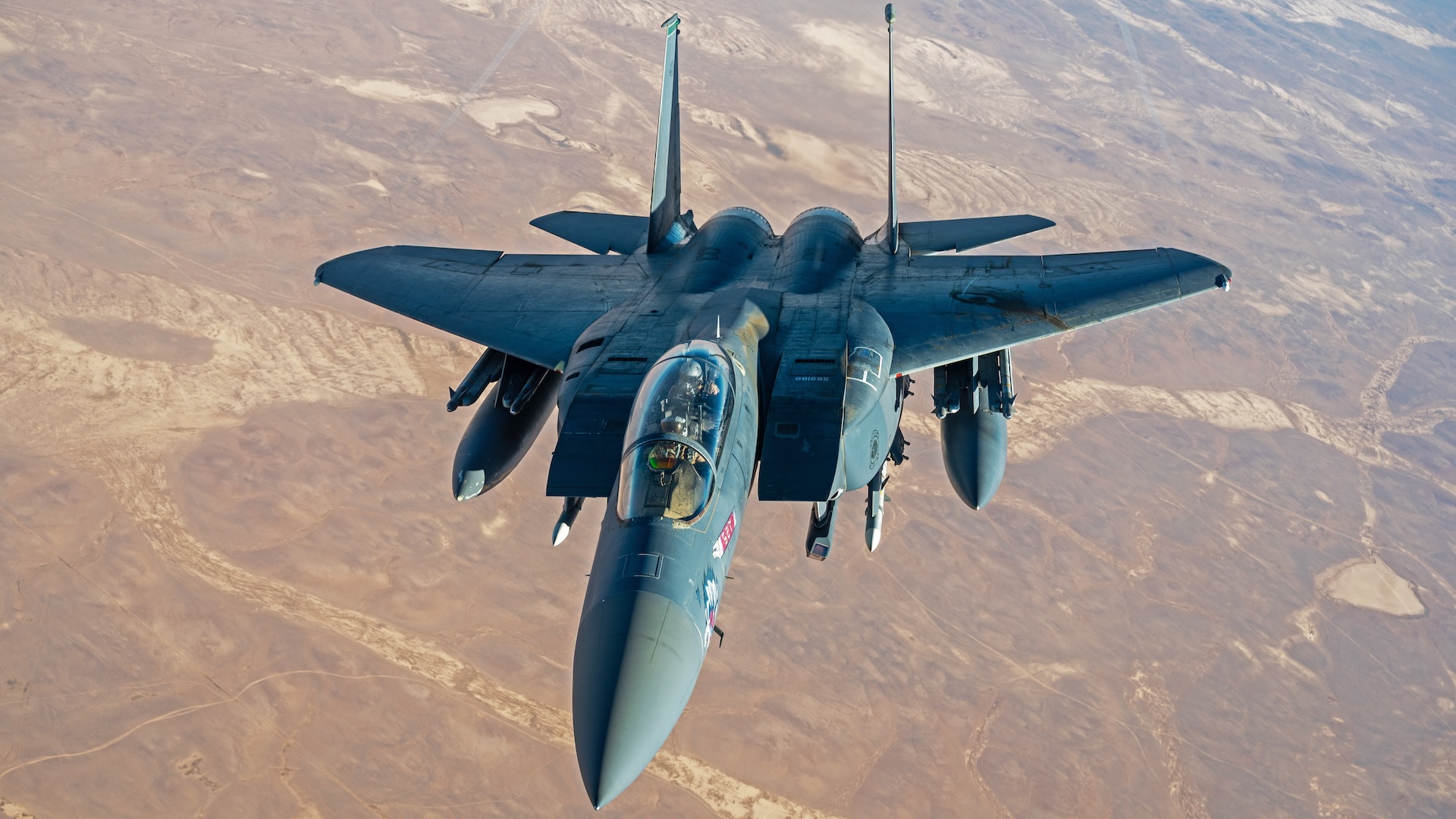 A U.S. Air Force F-15E Strike Eagle conducts combat patrols over the U.S. Central Command area of responsibility Oct. 20, 2024. The F-15E is deployed within the USCENTCOM AOR to help defend U.S. interests, promote regional security, and deter aggression in the region.