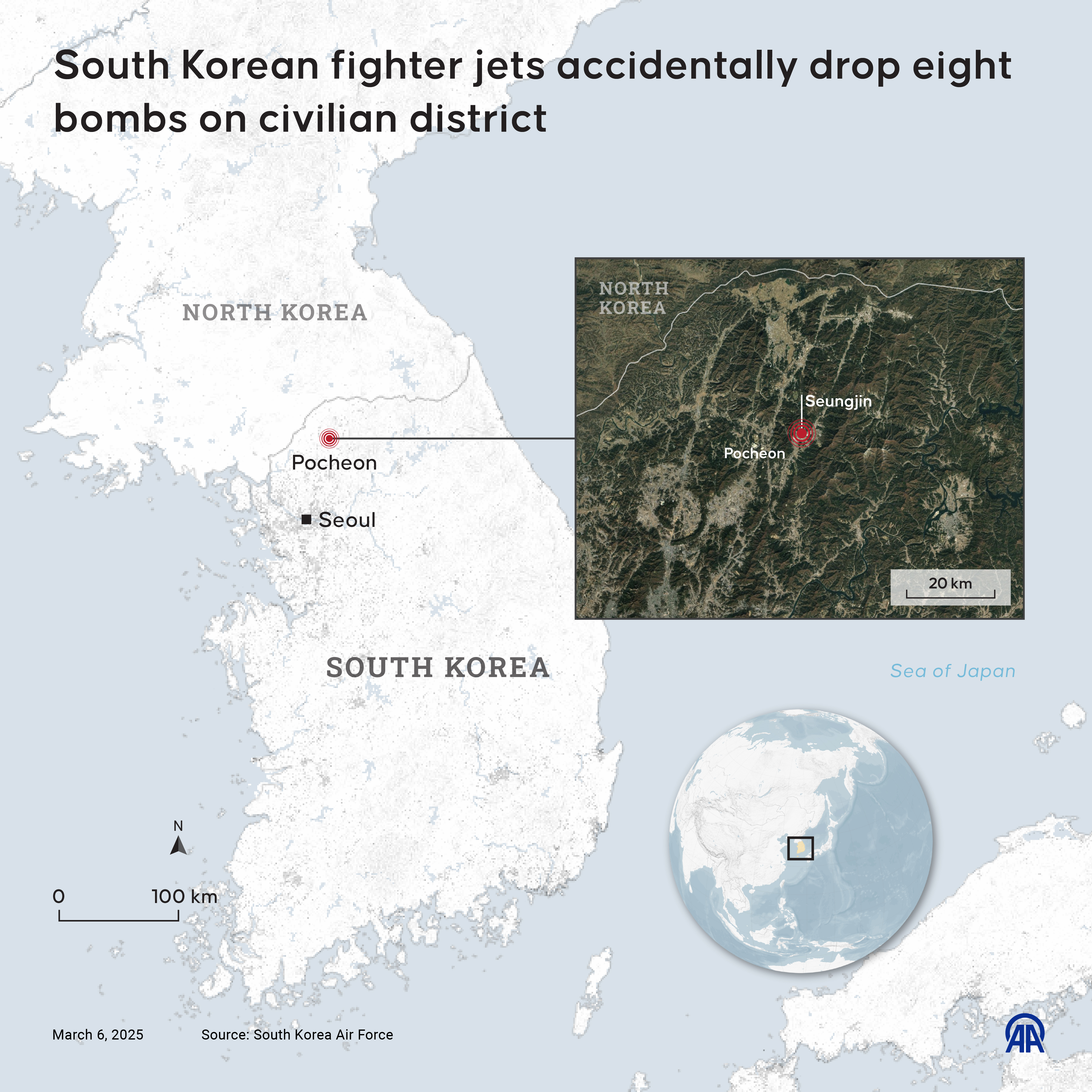  An infographic titled "South Korean fighter jets accidentally drop eight bombs on civilian district" created in Ankara, Turkiye on March 6, 2025. (Photo by Mehmet Yaren Bozgun/Anadolu via Getty Images)