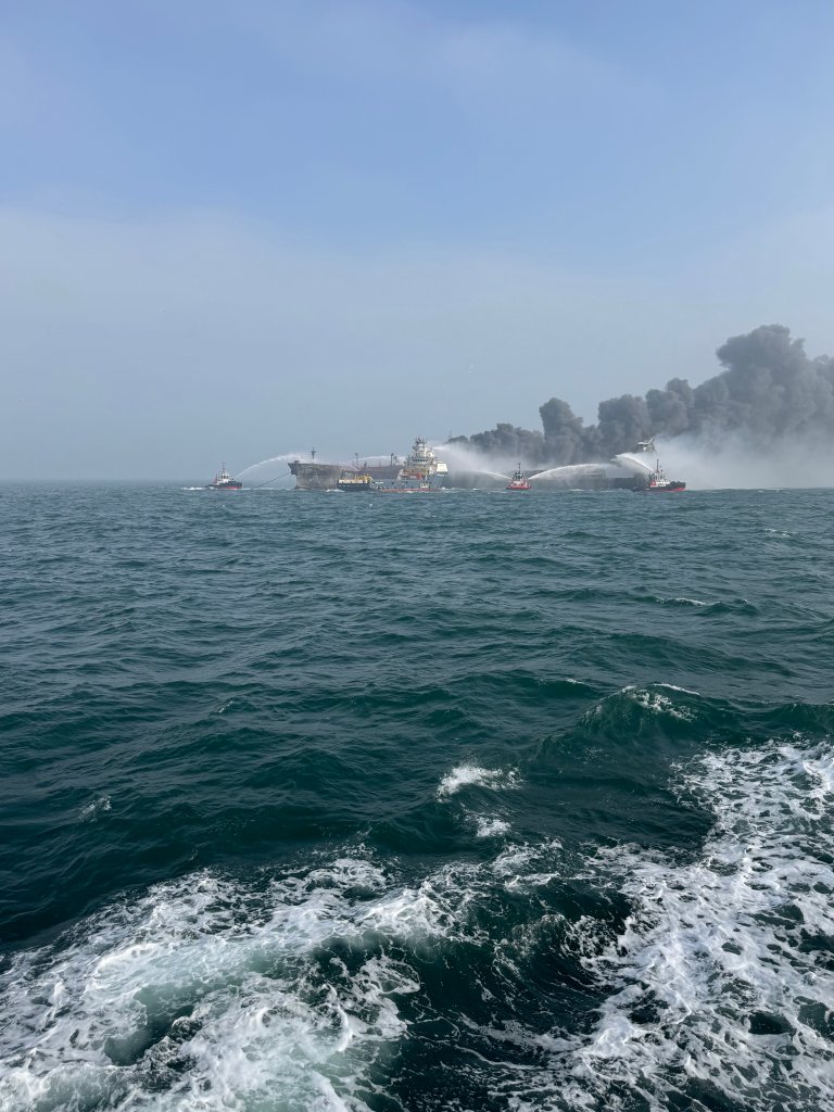  Fire and rescue services attend after a collision between oil tanker MV Stena Immaculate and the cargo vessel MV Solong off the coast of the Humber Estuary on March 10, 2025 at sea, United Kingdom. Thirty-two people were reportedly brought ashore with injuries after the collision of the oil tanker MV Stena Immaculate and the MV Solong, a cargo vessel, on Monday morning. (Photo by Lee Whitaker/Getty Images)