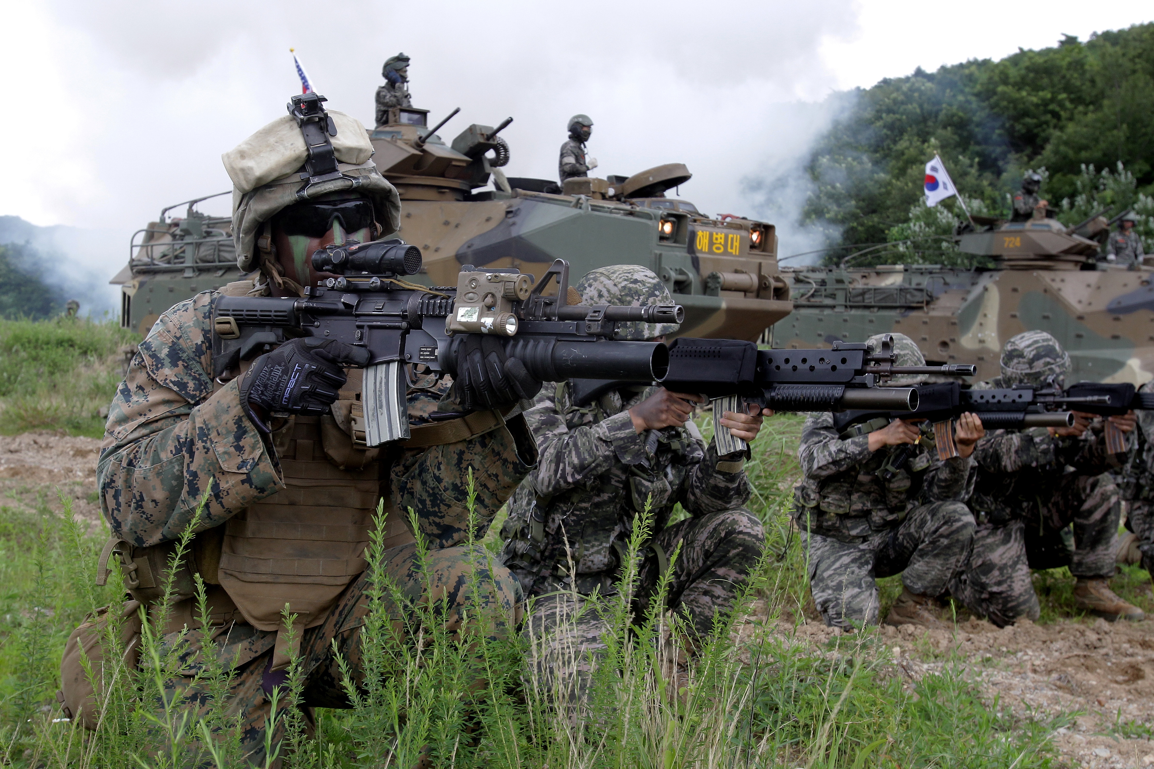  U.S. Marines from 3rd Marine Expeditionary force deployed from Okinawa, Japan, participate in the joint combat training with South Korean soldiers on July 6, 2016 in Pohang, South Korea. The Korean peninsula is the world's last Cold War frontier as stalinist North Korea and pro-western South Korea have been technically at war since the 1950-53 conflict. (Photo by Chung Sung-Jun/Getty Images)