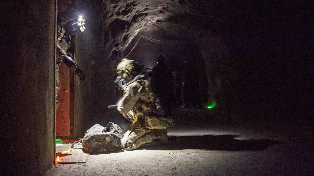 Air Force Special Tactics explosive ordinance disposal technicians gather gear after clearing a room of explosive threats during a training exercise at Fort Knox, Kentucky, Jan. 27, 2020. Special Tactics is a U.S. Special Operation Command’s tactical air and ground integration force, and the Air Force’s special operations ground force, leading global access, precision strike, personnel recovery and battlefield surgery operations on the battlefield. (U.S. Air Force photo by Staff Sgt. Rose Gudex)