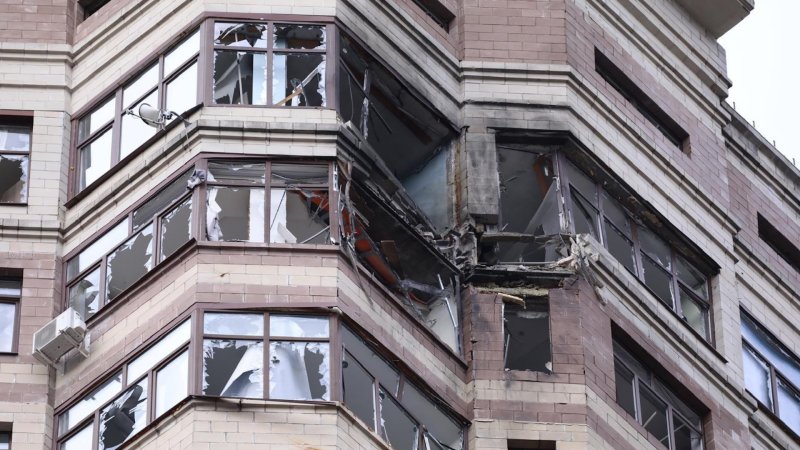 A view of destroyed buildings and area after a massive drone attack at the Leninsky urban district (Vidnoye) and Domodedovo (Yam village) at 4 am in Moscow, Russia on March 11, 2025. At least 2 people were killed and 20 others injured in a "massive" drone attack on Russia.