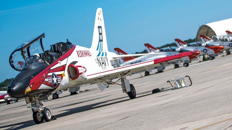 T-45 Goshawks rest aboard Marine Corps Air Station Beaufort as part of the advanced course of the Student Naval Aviator strike pilot training program Sept. 15. The Goshawk is a fully carrier-capable version of the British Aerospace Hawk Mk-60. It was developed as a jet flight trainer for the Navy and Marine Corps. The T-45s are with Training Air Wing 1 from Naval Air Station Meridian, Miss. and TRAWING-2 from NAS Kingsville, Texas. The TRAWINGs chose MCAS Beaufort as an alternate training site due to its accommodations and facilities for jet aircraft.