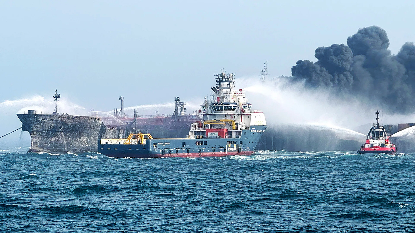 One of 10 oil tankers enrolled in a U.S. program to provide fuel to troops was set ablaze after a cargo ship collided into in the North Sea.