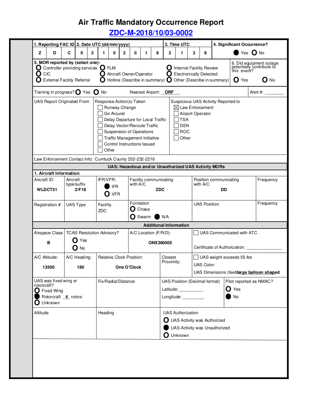 Example of a Federal Aviation Administration Air Traffic Mandatory Occurrence Report