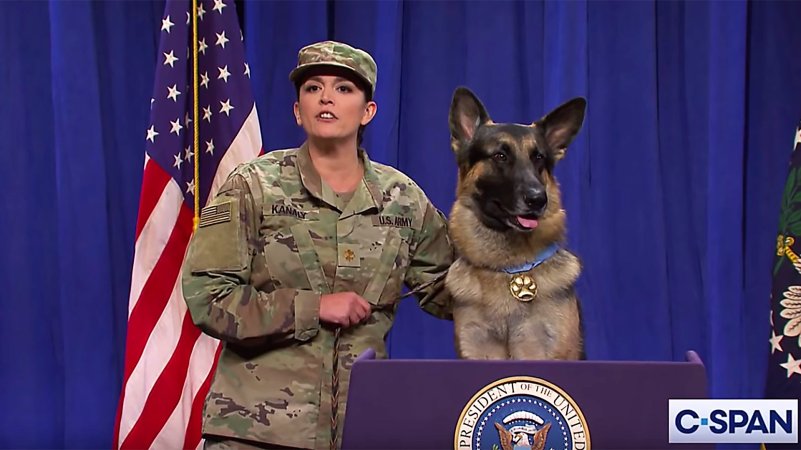 Hero K9 Commando Conan Talks To Press About Al Baghdadi Raid In SNL Sketch