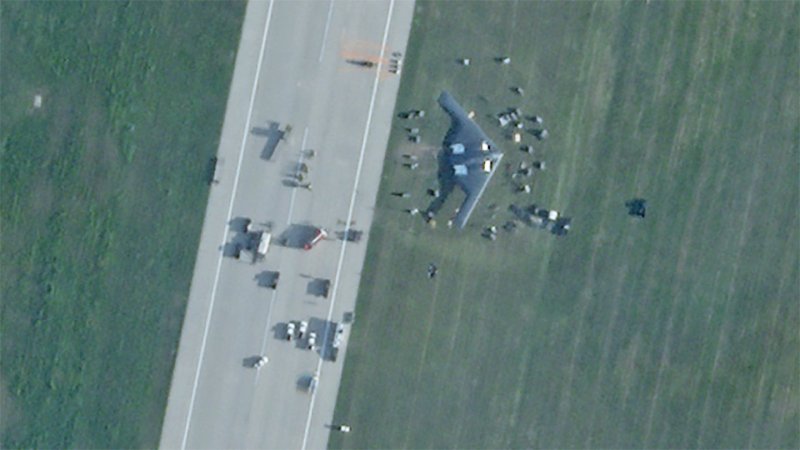 Damaged B-2 Spirit Is Sitting Wing-Down Off The Runway After Landing Mishap